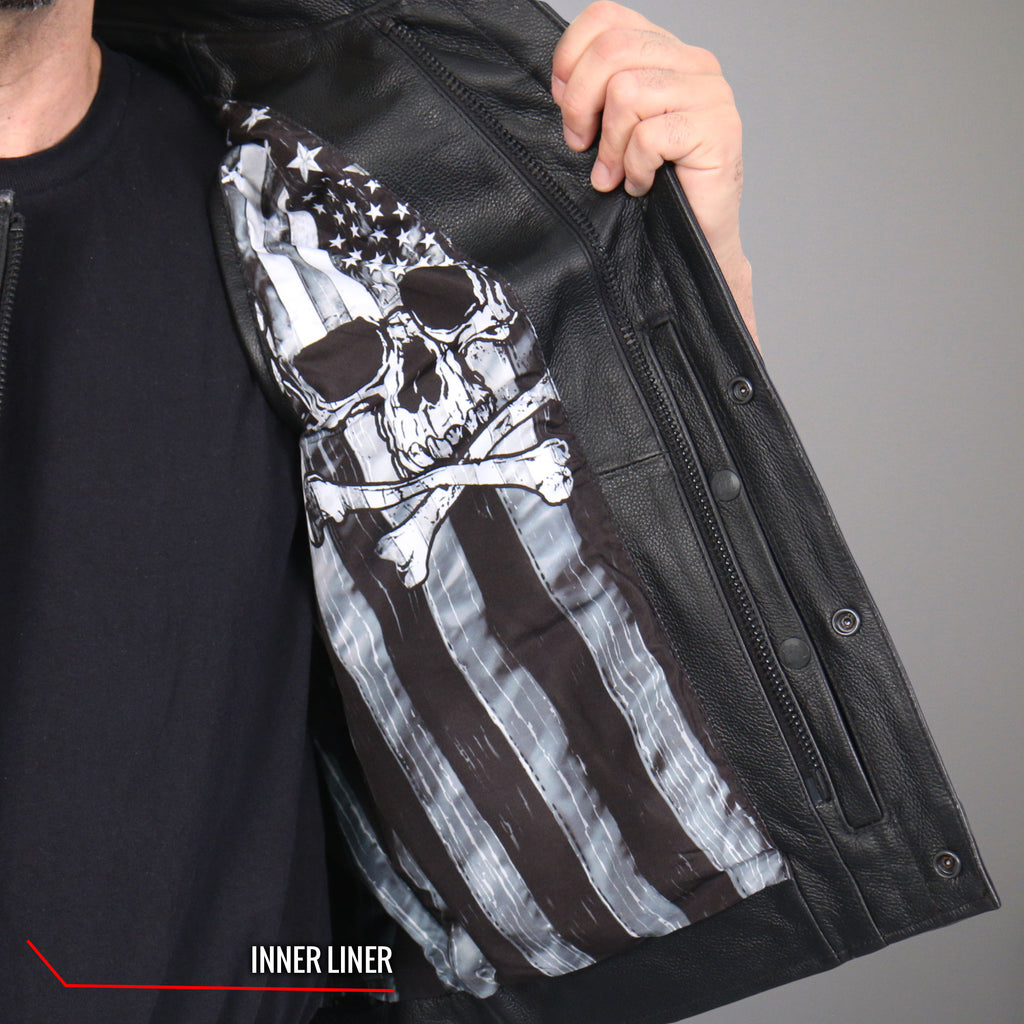 Hot Leathers VSM1054 Mens Black 'Skull Flag' Motorcycle Club style Conceal and Carry Leather Biker Vest