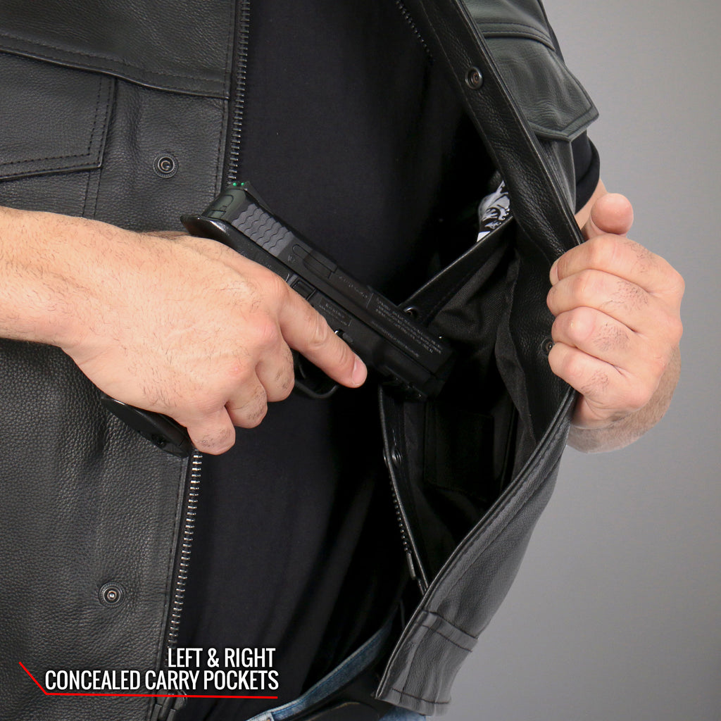 Hot Leathers VSM1054 Mens Black 'Skull Flag' Motorcycle Club style Conceal and Carry Leather Biker Vest