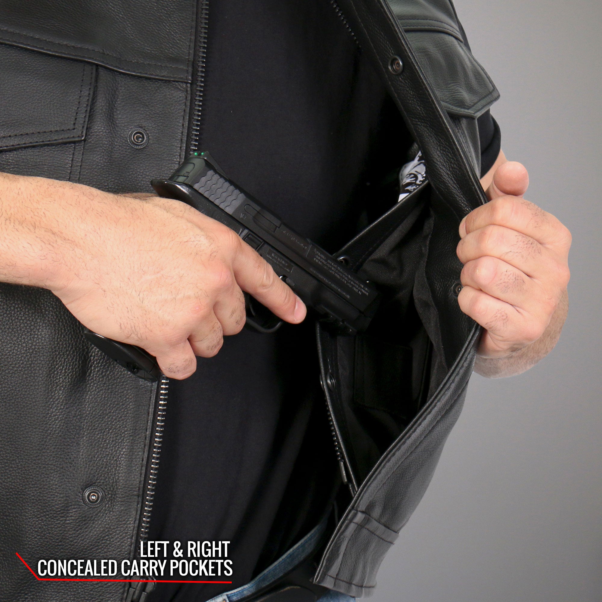 Hot Leathers VSM1054 Mens Black 'Skull Flag' Motorcycle Club style Conceal and Carry Leather Biker Vest