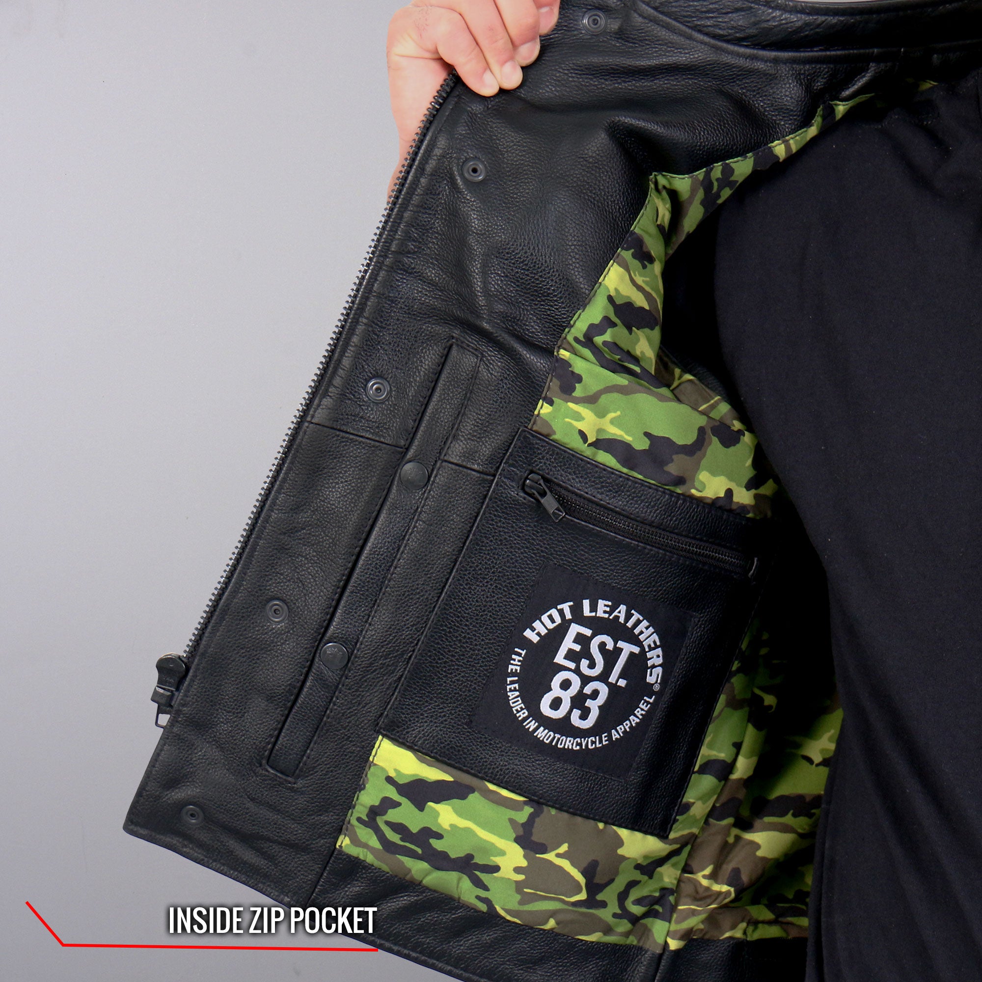 Hot Leathers VSM1058 Men's Black 'Camo Flag' Motorcycle Club Style Conceal and Carry Leather Biker Vest