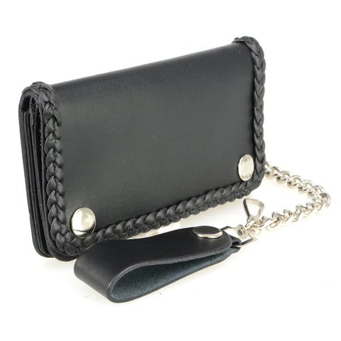 Hot Leathers WLC1002 5 Pocket Bi-fold Braided Detail Black Leather Wallet with Chain