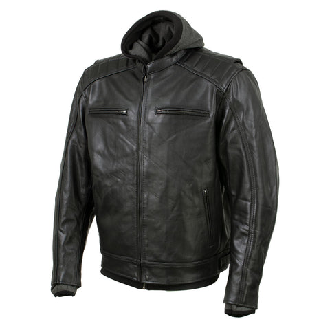 Xelement BXU573 Men's Black 'Alibi' Armored Leather Motorcycle Jacket with Skull Embroidery and Hoodie