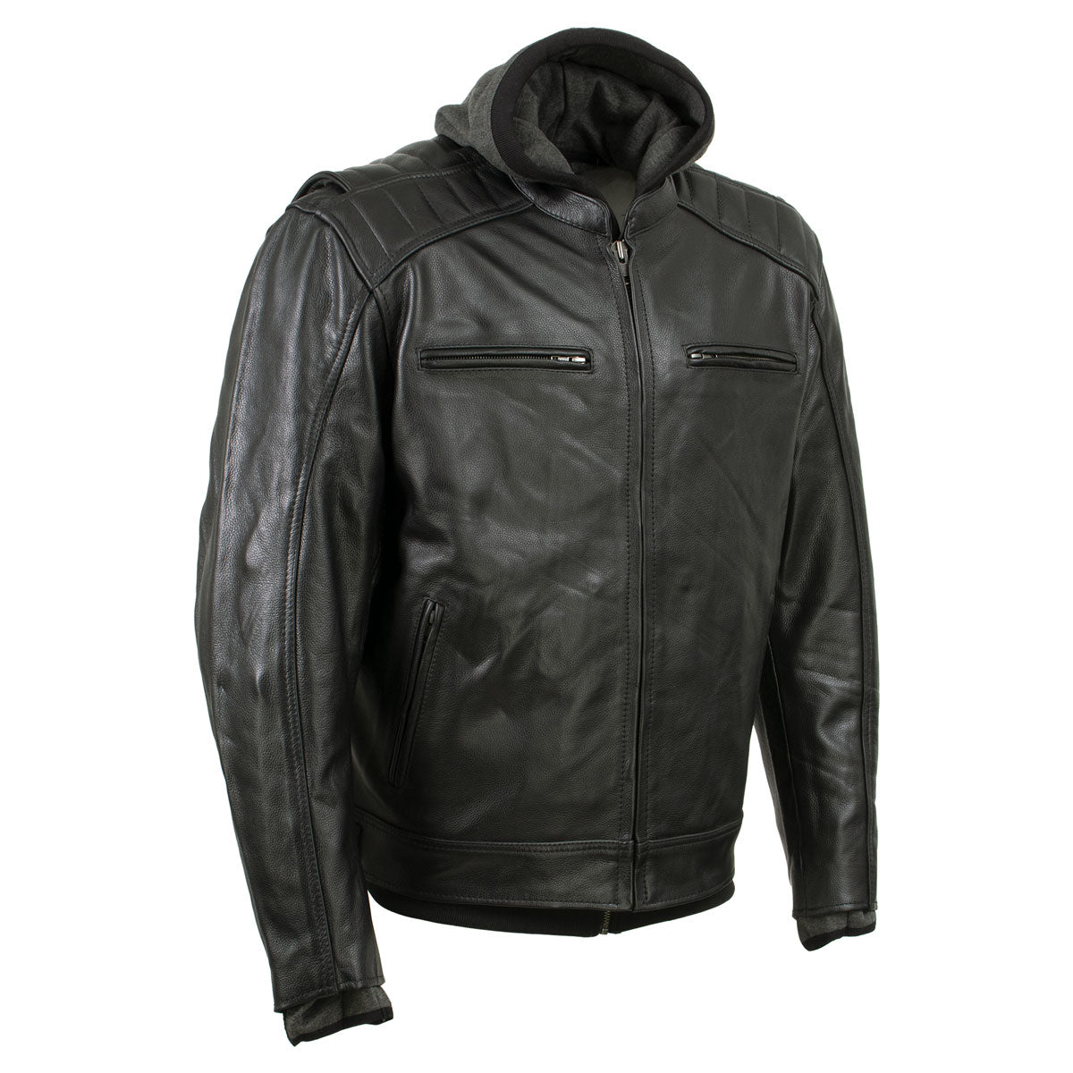 Xelement BXU573 Men's Black 'Alibi' Armored Leather Motorcycle Jacket with Skull Embroidery and Hoodie