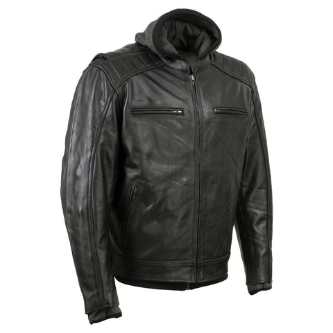 Xelement BXU573 Men's Black 'Alibi' Armored Leather Motorcycle Jacket with Skull Embroidery and Hoodie