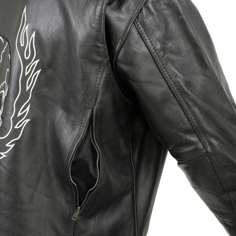 Xelement BXU573 Men's Black 'Alibi' Armored Leather Motorcycle Jacket with Skull Embroidery and Hoodie