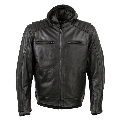 Xelement BXU573 Men's Black 'Alibi' Armored Leather Motorcycle Jacket with Skull Embroidery and Hoodie