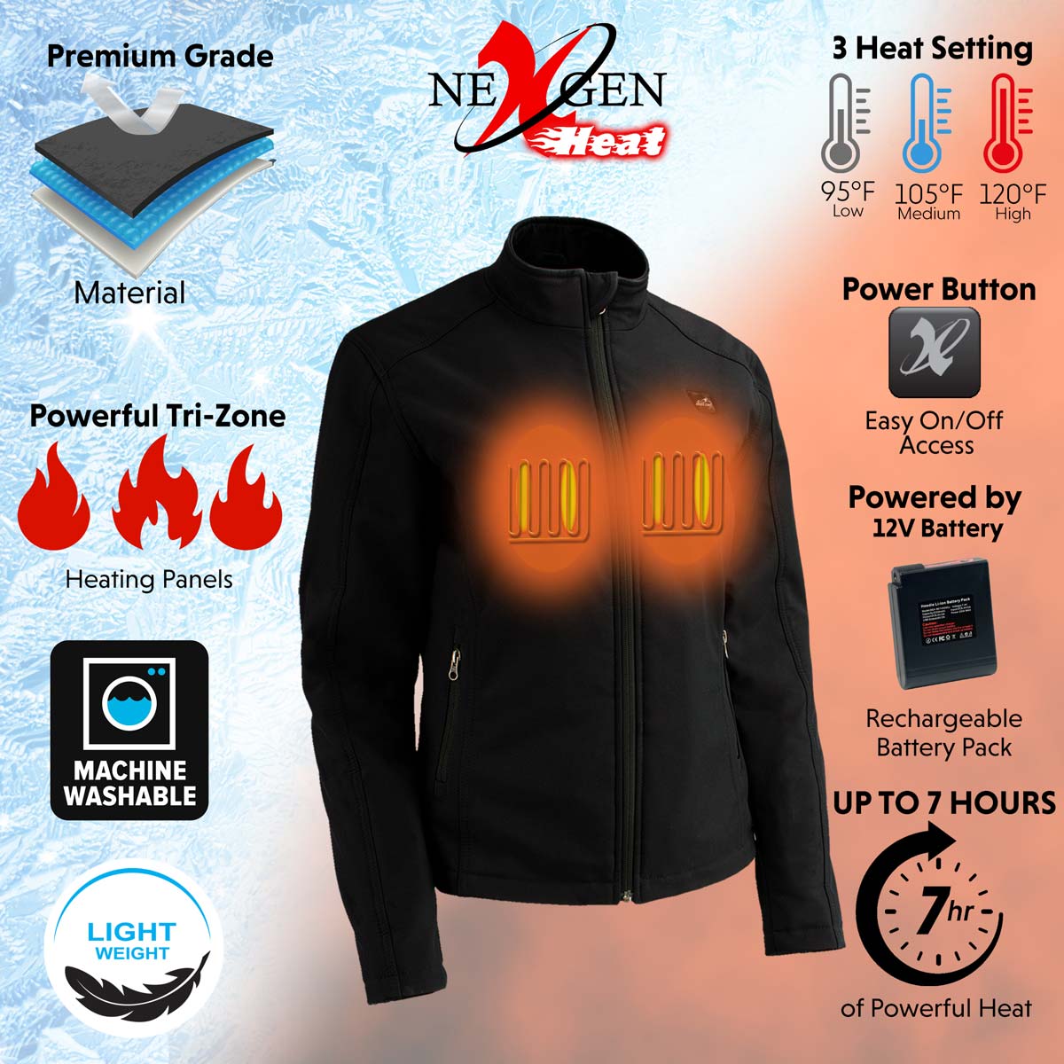 The Bikers Zone BZL1860 Women's Premium Black Heated Soft Shell Heated Jacket with 12V Battery