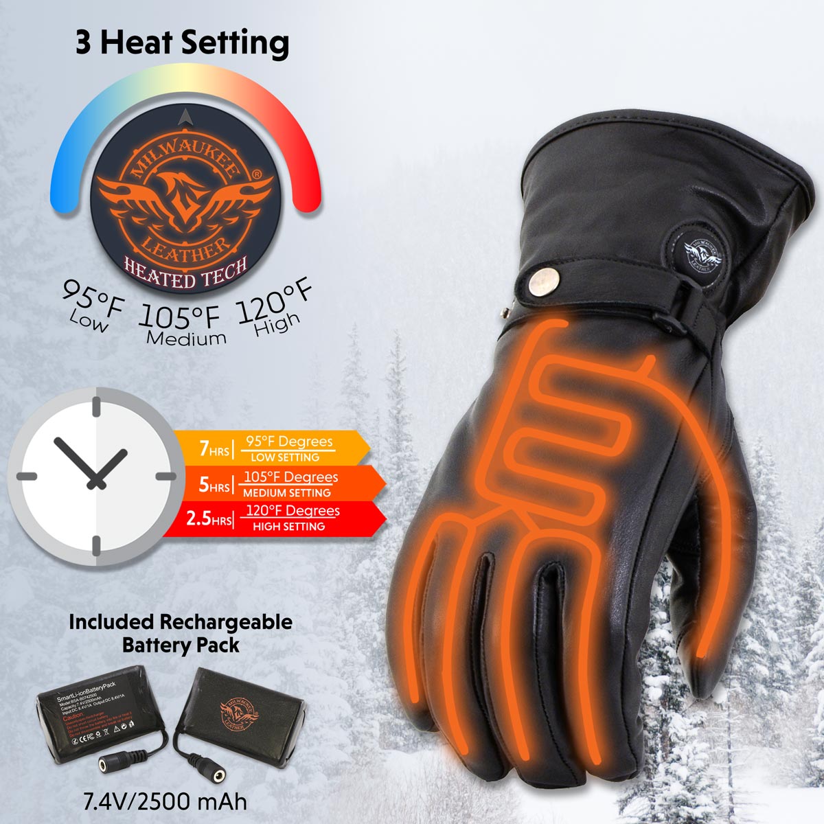 Milwaukee Leather MG7519SET Heated Gloves for Men’s Fingers Winter Glove for Motorcycle Ski Hiking w/ Battery