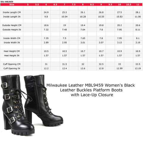 Milwaukee Leather MBL9459 Women's Black Leather Buckles Platform Boots with Lace-Up Closure