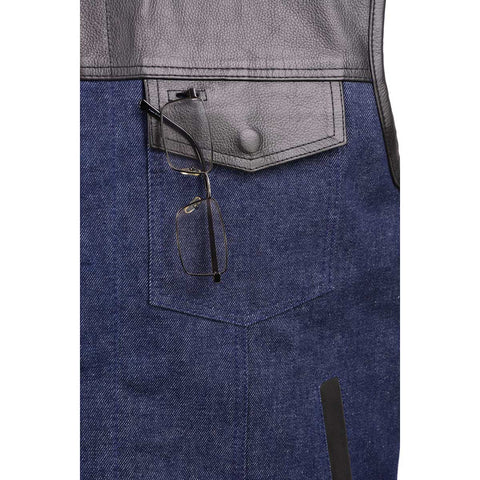 Milwaukee Leather MDM3004 Men's 'Brute' Concealed Snap Blue Denim and Black Leather Club Style Vest w/ Hidden Zipper