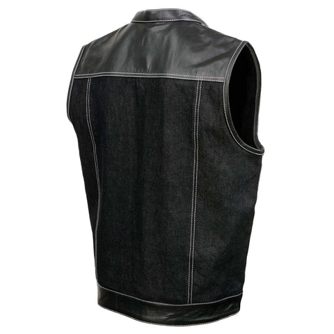 Milwaukee Leather MDM3006 Men's 'Brute' Black Denim and Black Leather Club Style Vest w/ Hidden Dual Closure