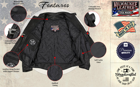 Milwaukee Leather USA MADE MLJKM5003 Men's Black Echo Premium Leather Motorcycle Jacket with Reflective Piping