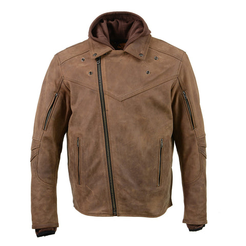 Milwaukee Leather MLM1511 Men's 'Vagabond' Vintage Crazy Horse' Brown Leather Jacket w/ Removable Hoodie