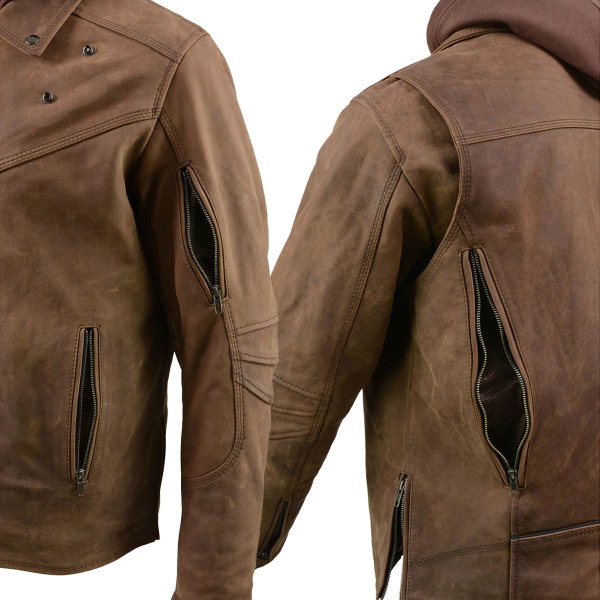 Milwaukee Leather MLM1511 Men's 'Vagabond' Vintage Crazy Horse' Brown Leather Jacket w/ Removable Hoodie