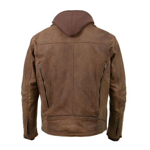 Milwaukee Leather MLM1511 Men's 'Vagabond' Vintage Crazy Horse' Brown Leather Jacket w/ Removable Hoodie