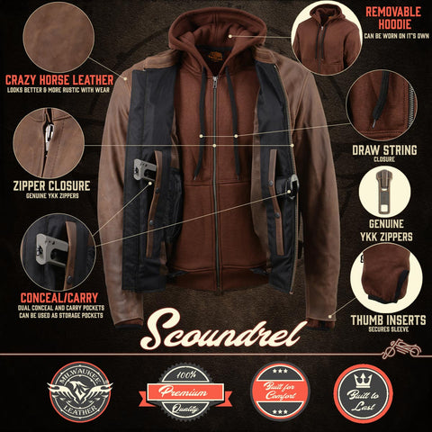 Milwaukee Leather MLM1518 Men's 'Scoundrel' Vintage Crazy Horse Brown Leather Jacket w/ Removable Hoodie