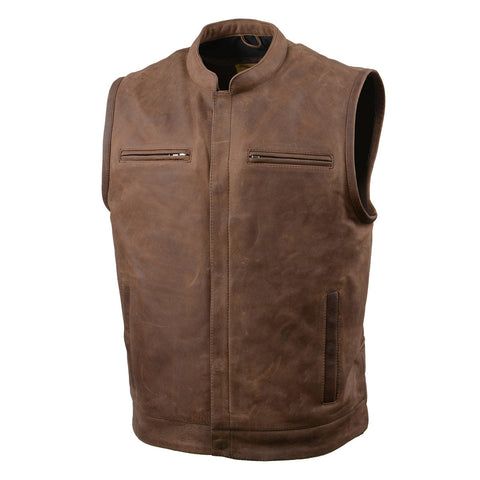 Milwaukee Leather MLM3519 Men's 'Rustler' Vintage Crazy Horse Brown Leather Club Style Motorcycle Vest