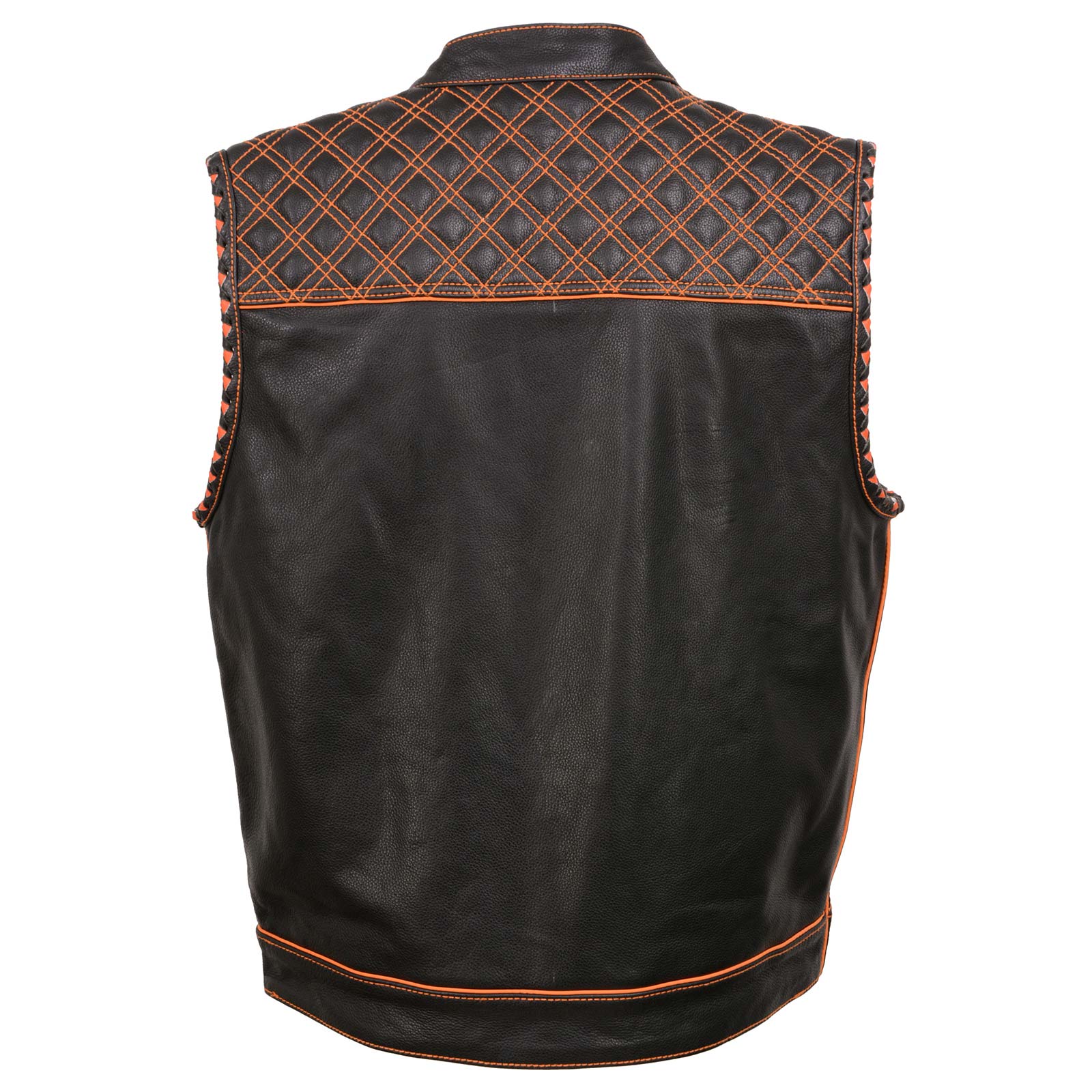Milwaukee Leather MLM3527 Men's Black 'Checkered Flag' Accented Orange Stitching Leather Vest – W/ Armhole Trim