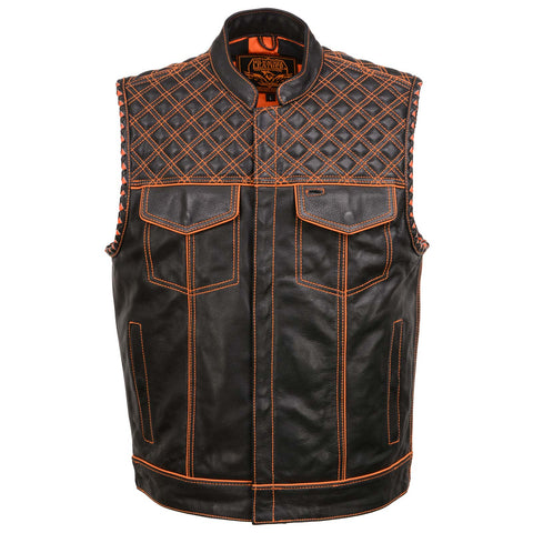 Milwaukee Leather MLM3527 Men's Black 'Checkered Flag' Accented Orange Stitching Leather Vest – W/ Armhole Trim