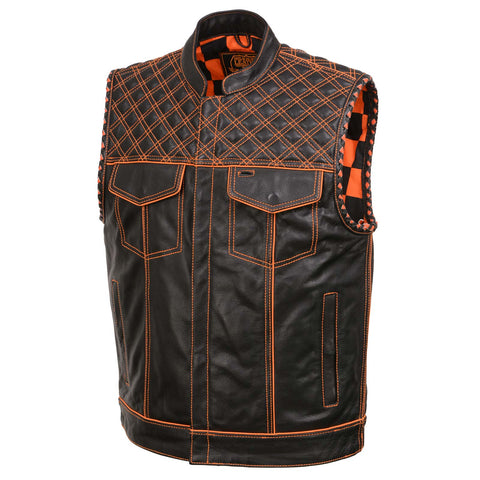 Milwaukee Leather MLM3527 Men's Black 'Checkered Flag' Accented Orange Stitching Leather Vest – W/ Armhole Trim