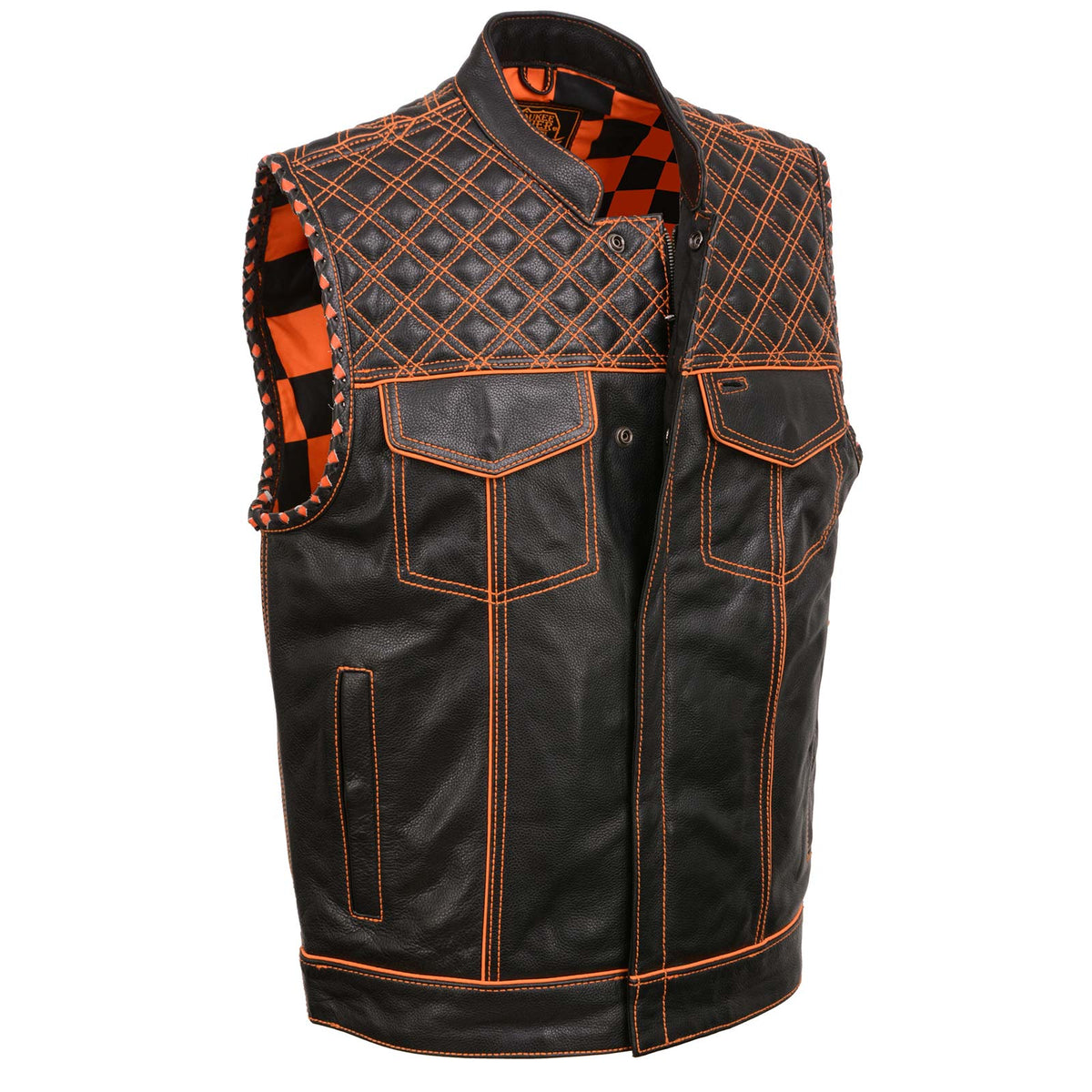 Milwaukee Leather MLM3527 Men's Black 'Checkered Flag' Accented Orange Stitching Leather Vest – W/ Armhole Trim