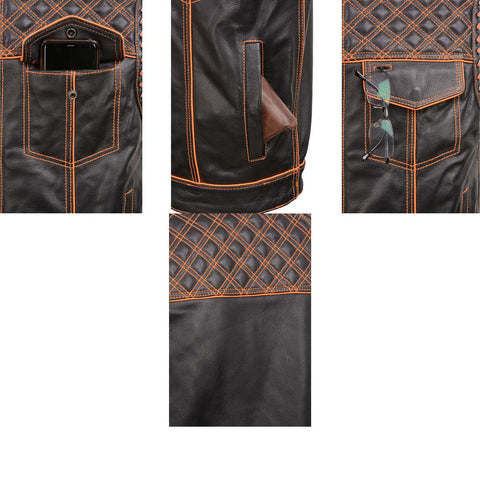 Milwaukee Leather MLM3527 Men's Black 'Checkered Flag' Accented Orange Stitching Leather Vest – W/ Armhole Trim