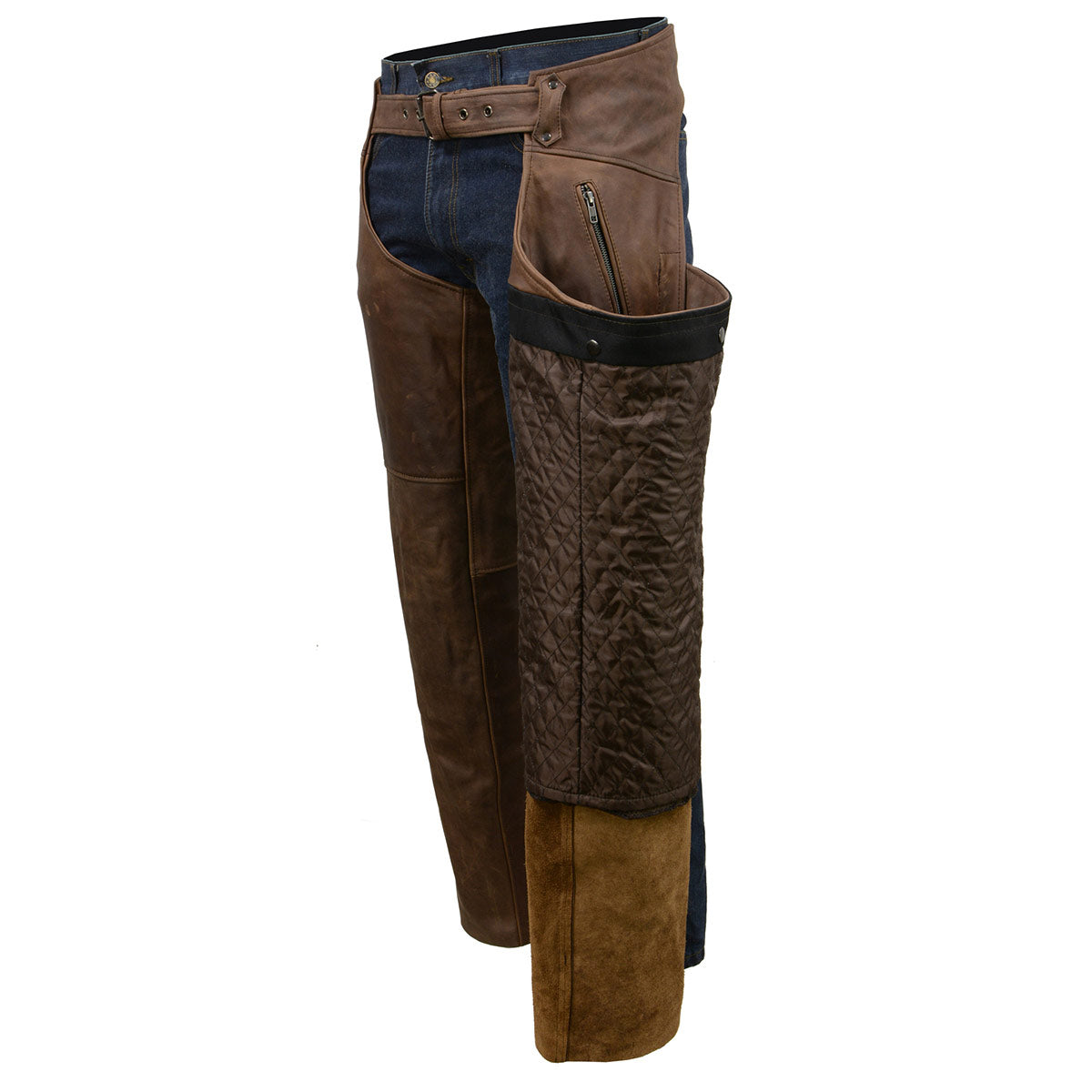 Milwaukee Leather Chaps for Men's Vintage Crazy Horse Brown Leather- Snap Out Thermal Lined Motorcycle Chap MLM5518