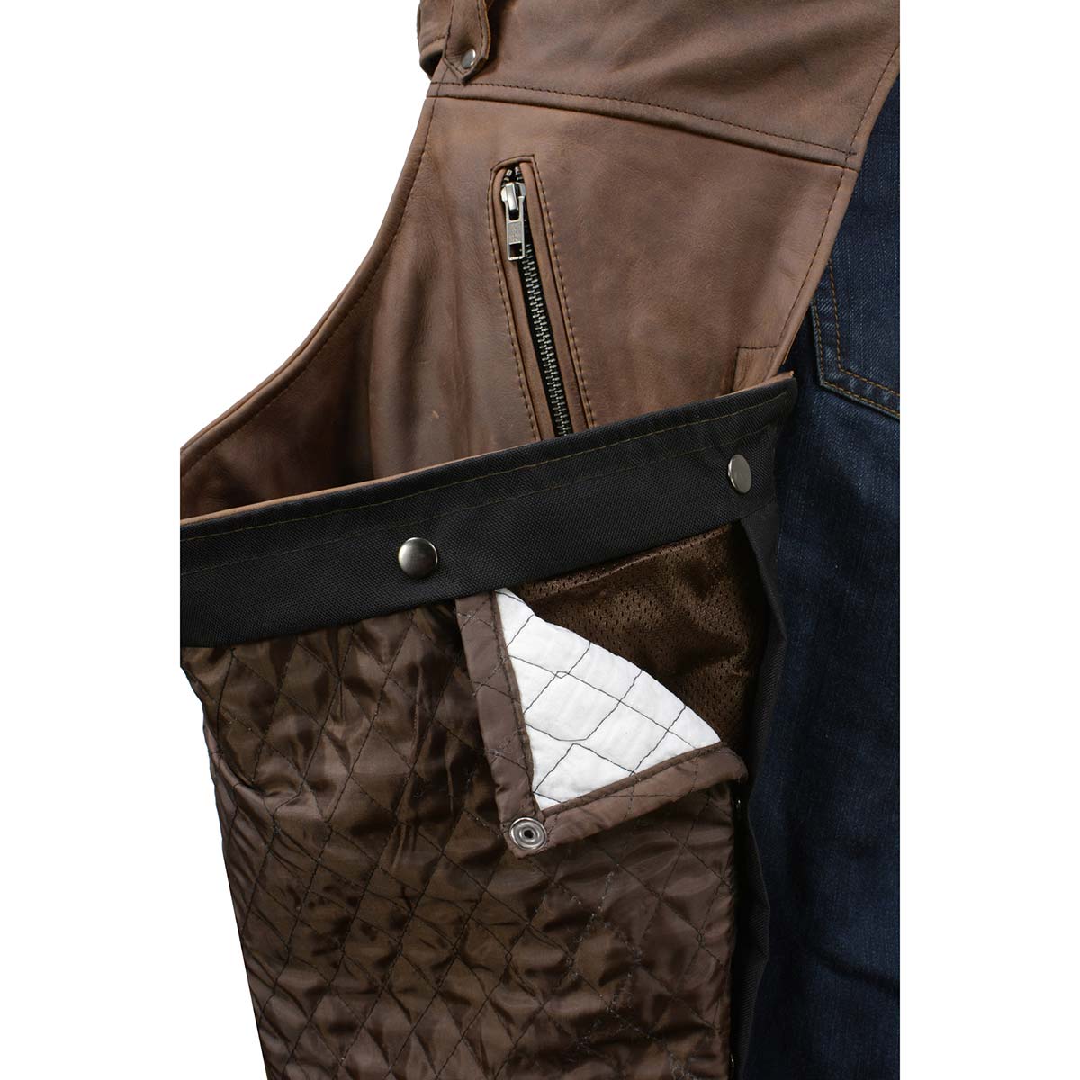 Milwaukee Leather Chaps for Men's Vintage Crazy Horse Brown Leather- Snap Out Thermal Lined Motorcycle Chap MLM5518