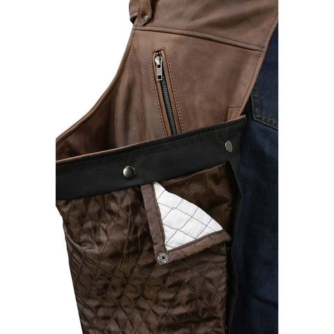 Milwaukee Leather MLM5518 Men's 'The Ryder' Vintage Crazy Horse Brown Slash Pockets Leather Chaps