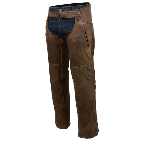 Milwaukee Leather Chaps for Men's Vintage Crazy Horse Brown Leather- Snap Out Thermal Lined Motorcycle Chap MLM5518