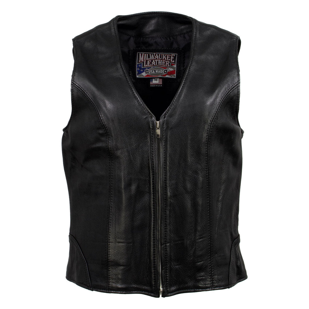 Milwaukee Leather USA MADE MLVSL5003 Women's Black Speed Queen Motorcycle Leather Vest with Front Zipper