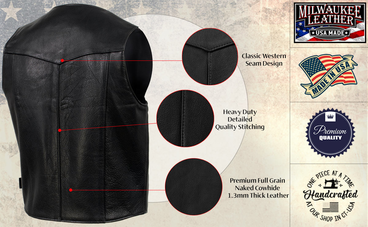 Milwaukee Leather USA MADE MLVSM5006 Men's Black Classic Western Premium Motorcycle Rider Leather Vest