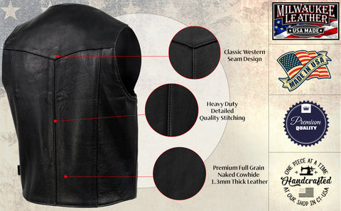 Milwaukee Leather USA MADE MLVSM5006 Men's Black Classic Western Premium Motorcycle Rider Leather Vest