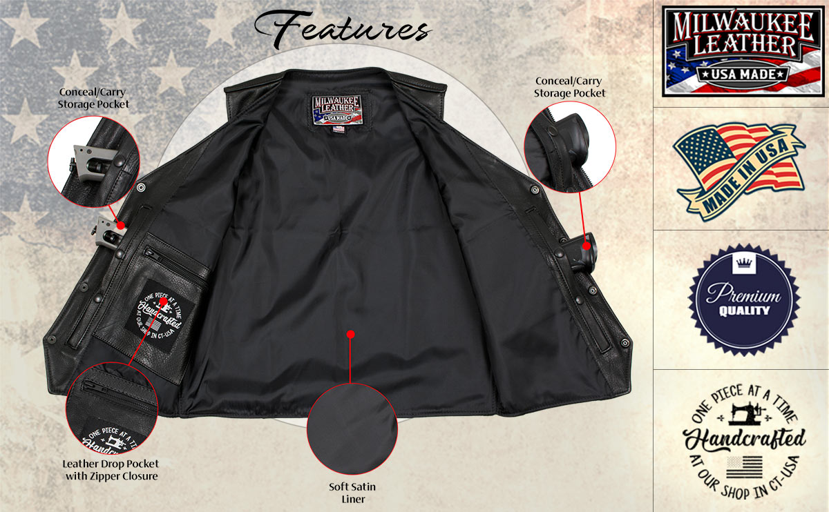 Milwaukee Leather USA MADE MLVSM5006 Men's Black Classic Western Premium Motorcycle Rider Leather Vest