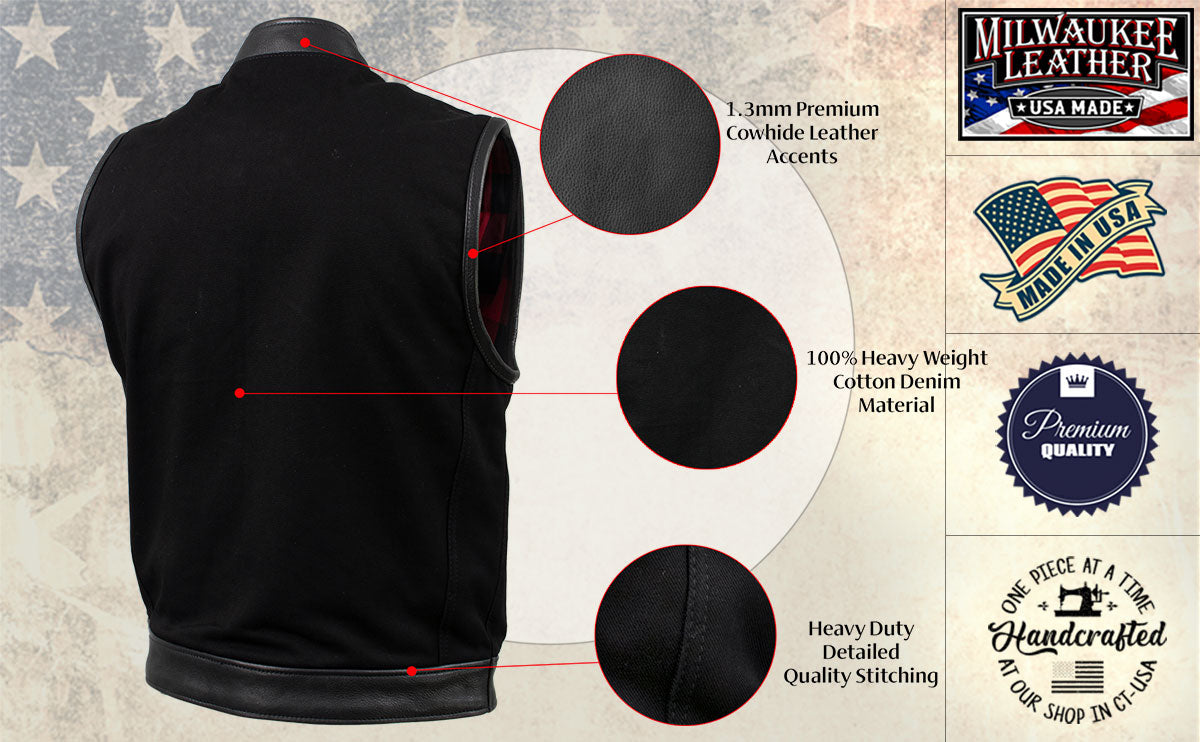 Milwaukee Leather USA MADE MLVSM5101 Men's Black Burn Out Denim and Leather Motorcycle Vest with Plaid Red Lining