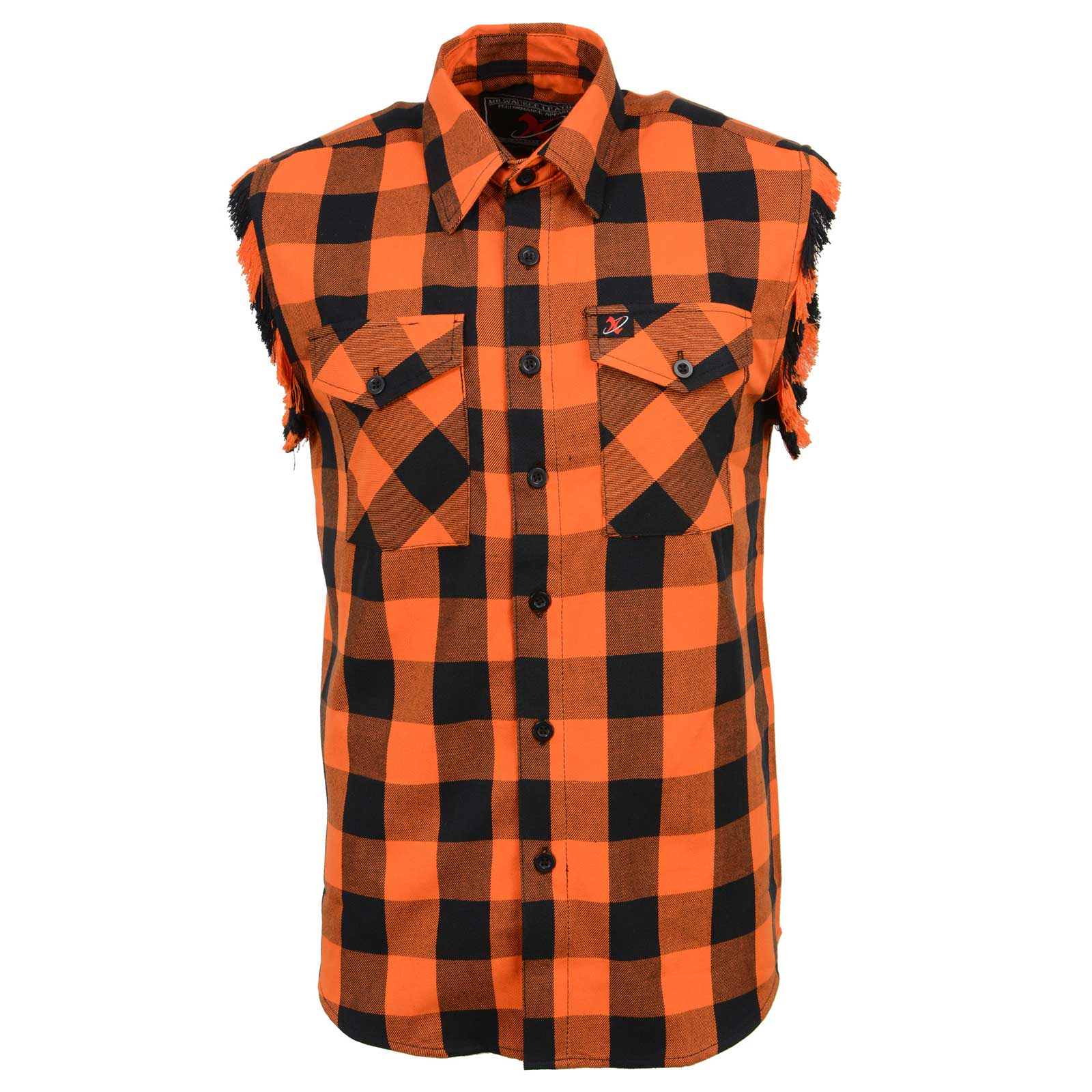 Milwaukee Leather MNG11698 Men's 'Checkered' Black and Orange Cut Off Flannel Shirt