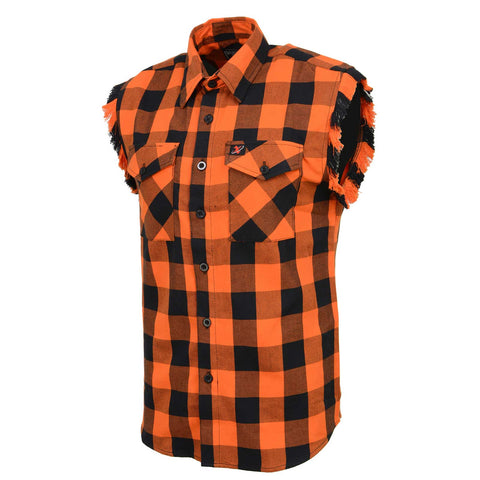 Milwaukee Leather MNG11698 Men's 'Checkered' Black and Orange Cut Off Flannel Shirt