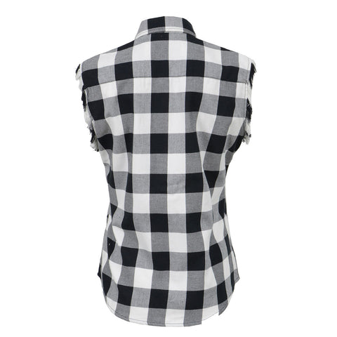 Milwaukee Leather MNG21625 Women's Flannel Down Sleeveless Shirt w/ Button Black / White & Cut Off Frill Arm Hole
