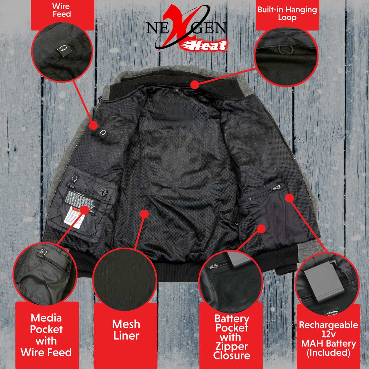 Nexgen Heat MPM1713SET12v Men's Grey 'Heated' Front Zipper Hoodie Jacket for Outdoor Activities w/ Battery Pack
