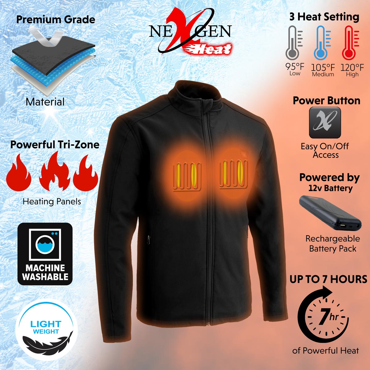 Nexgen Heat MPM1762SET Men’s Soft Shell Heated jacket - Black Standup Collar Jacket for Winter with Battery Pack