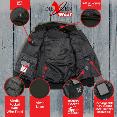Nexgen Heat NXM1713SET Men's Grey 'Fiery' Heated Hoodies - Front Zipper Textile Heated Jacket for Winter w/Battery Pack