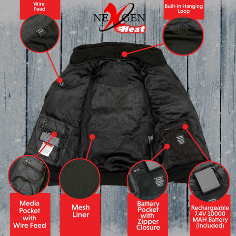 Nexgen Heat MPM1713 Men's Black 'Fiery' Heated Hoodies - Front Zipper Textile Heated Jacket for Winter w/Battery Pack