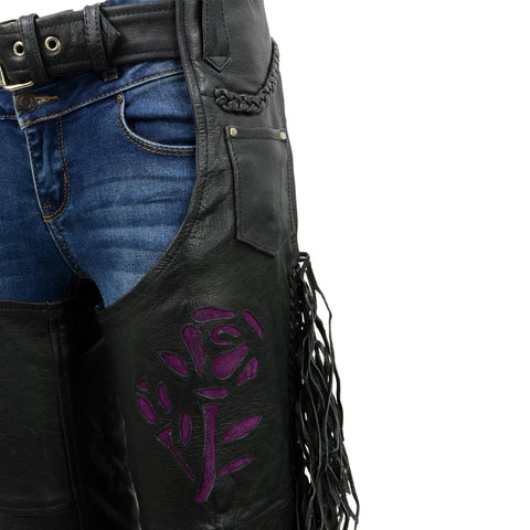 Milwaukee Leather SH1116 Women's Black Leather 'Purple Rose' Fringed Motorcycle Chaps