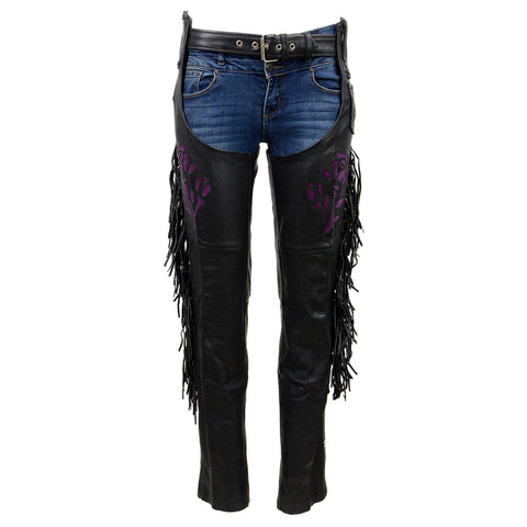 Milwaukee Leather SH1116 Women's Black Leather 'Purple Rose' Fringed Motorcycle Chaps
