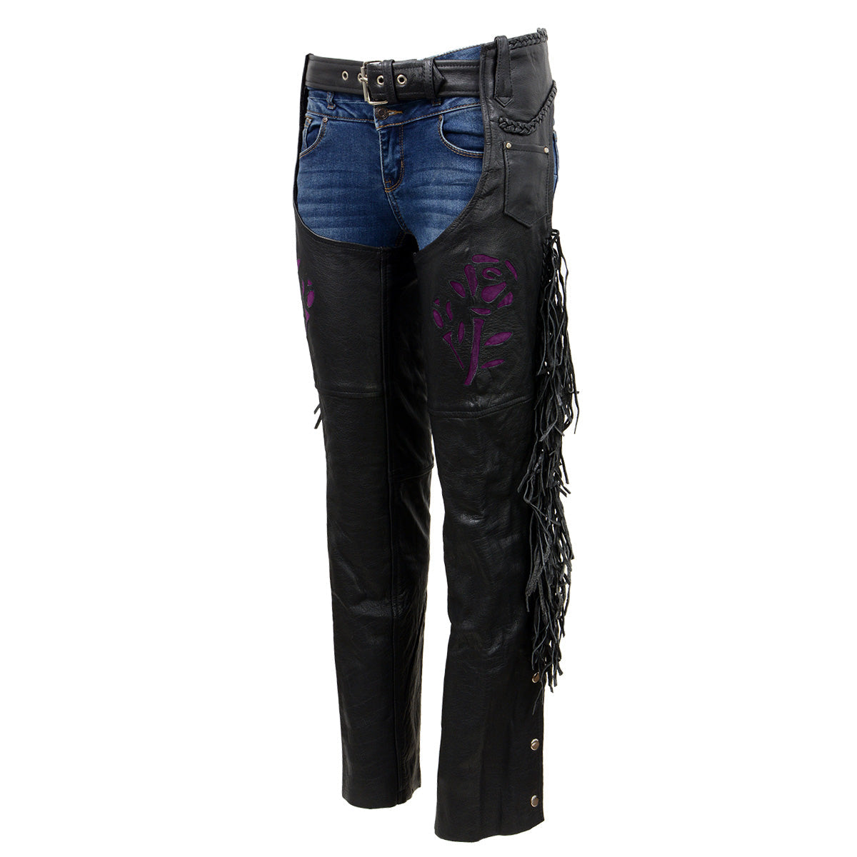 Milwaukee Leather SH1116 Women's Black Leather 'Purple Rose' Fringed Motorcycle Chaps