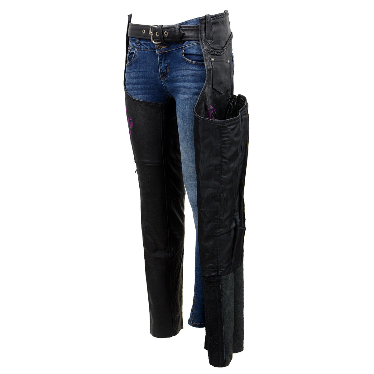 Milwaukee Leather SH1116 Women's Black Leather 'Purple Rose' Fringed Motorcycle Chaps