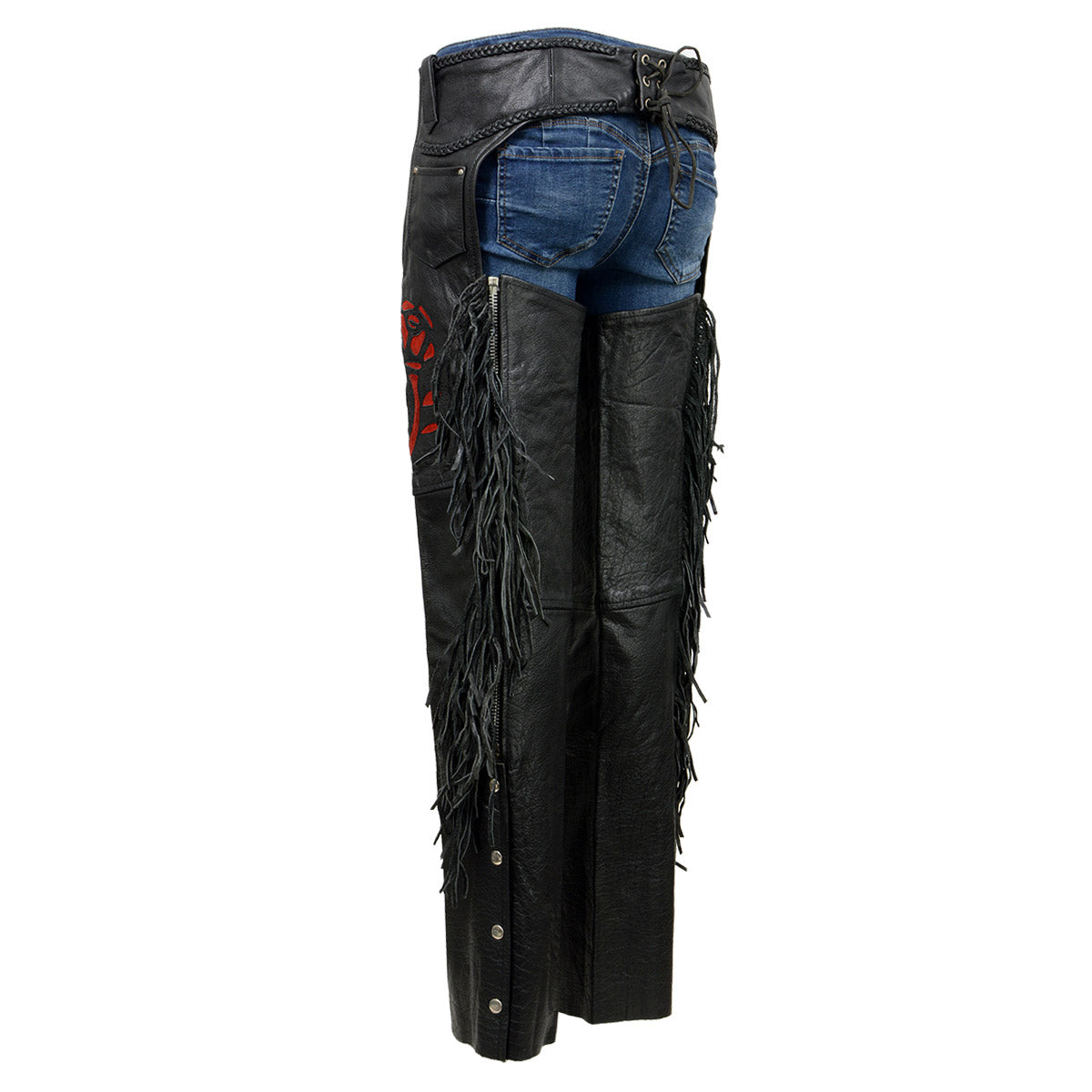 Milwaukee Leather SH1116 Women's Black Leather 'Red Rose' Fringed Motorcycle Chaps