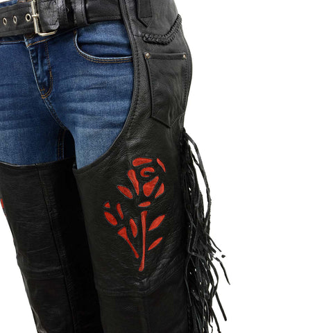 Milwaukee Leather SH1116 Women's Black Leather 'Red Rose' Fringed Motorcycle Chaps