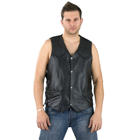 Milwaukee Leather SH1314TALL Men's Classic Black Braided Leather Vest with Side Laces