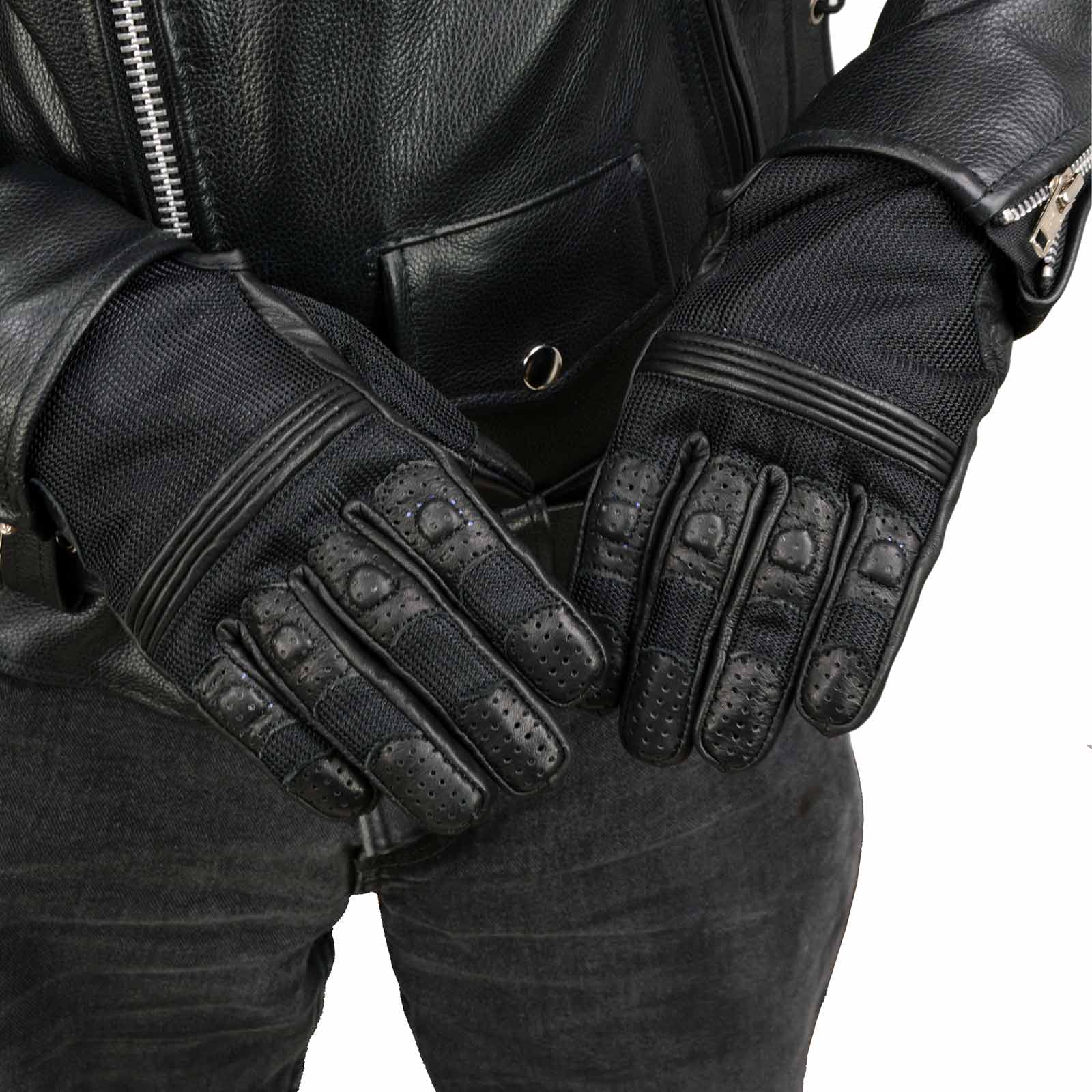 Xelement XG17506 Men's Black Leather with Mesh Racing Motorcycle Gloves